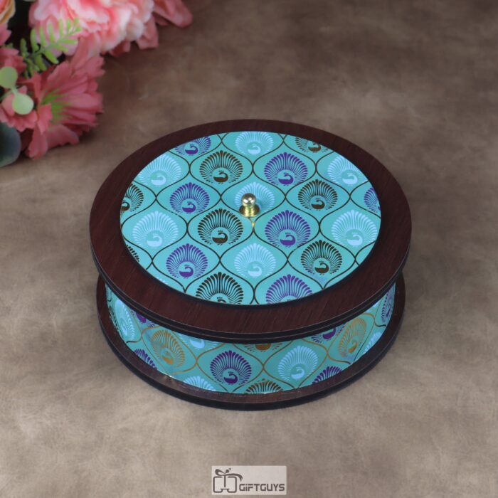6x2 Inch Round MDF Pichwai Design Box – Decorative Peacock Print Wooden Utility Container for Dry Fruits and Jewelry