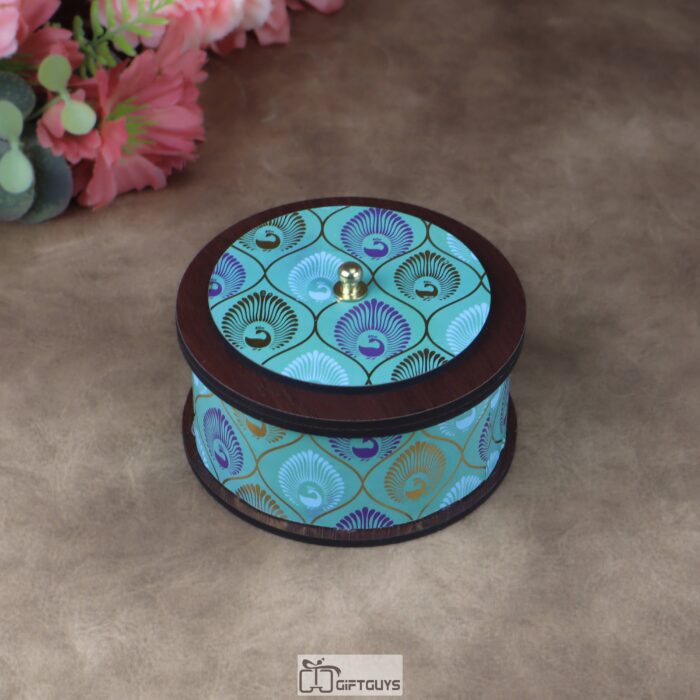 4x2 Inch Small Round MDF Pichwai Design Box – Decorative Peacock Print Mini Wooden Container for Jewelry and Mukhwas