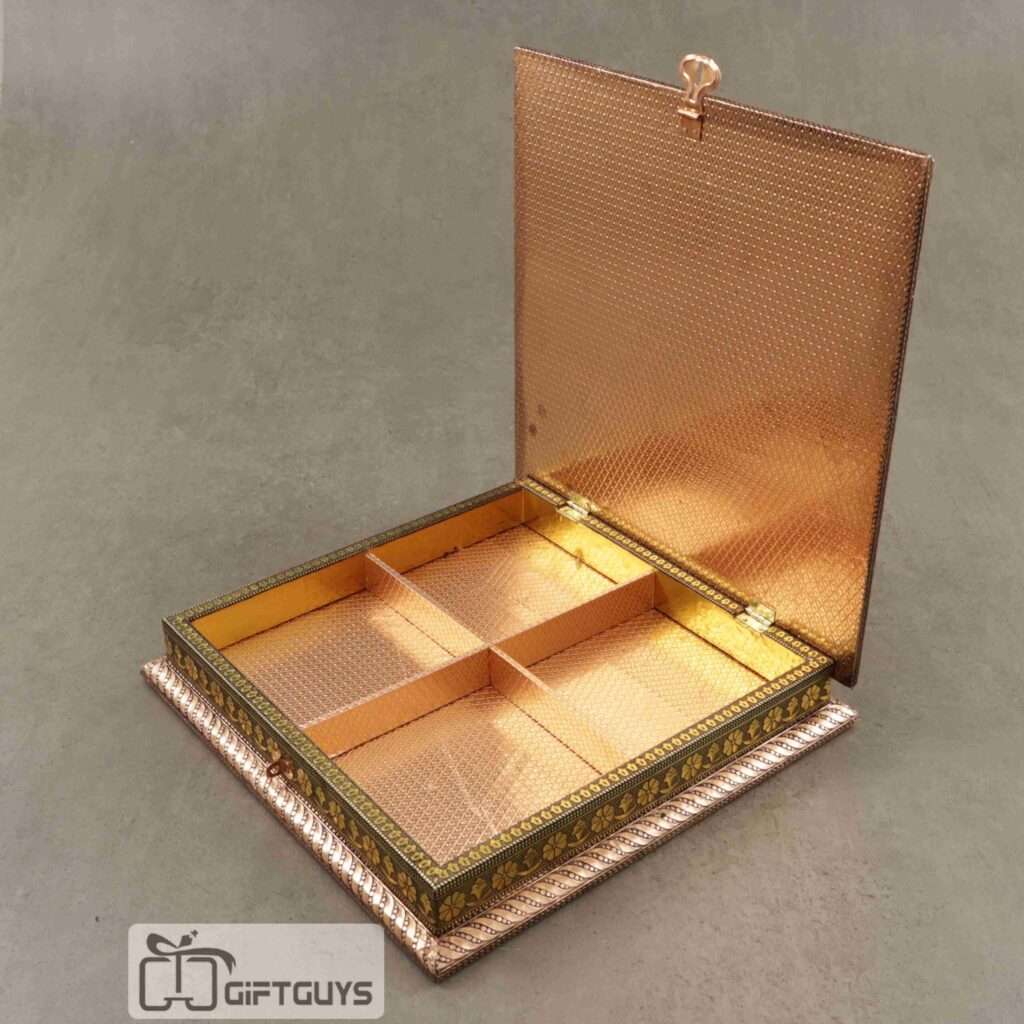 Golden oxidised floral mandala design wooden dry fruit box – premium gift hamper by Giftguys.in