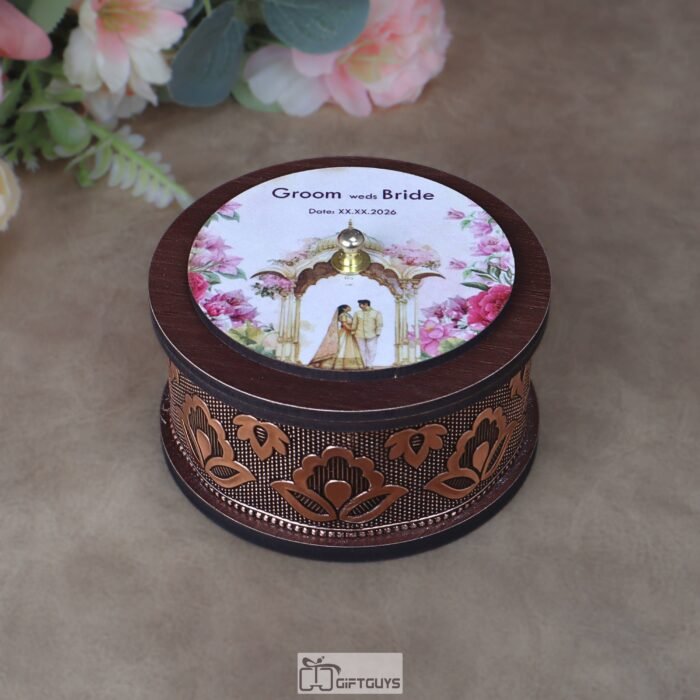 Customized Wedding Favor Wooden Round Box – 4x2 Inch Personalized Bridal Dry Fruit Box with Oxidized Copper Floral Wrap & Custom Couple Print