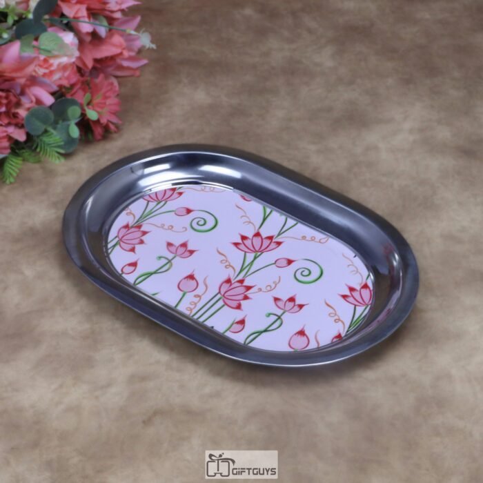 Elegant Pichwai Lotus Print Stainless Steel Serving Tray – Traditional Oval Decorative Platter for Home Decor, Festive Gifting & Daily Use