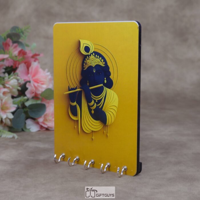 Minimalist Krishna 5.5 x 7.5 Inch Wooden Key Holder – Handcrafted 5-Hook Wall Mounted Key Hanger for Modern Home Decor, Entryway & Festive Gifting