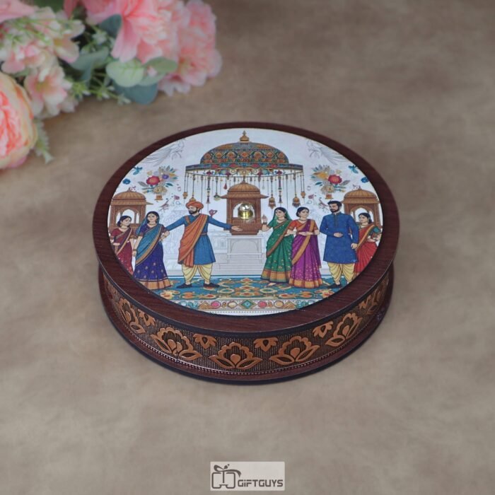Premium 8x2.25 Inch Wooden Oxidized Round Gifting Box – Large Heritage Print Decorative Dry Fruit Platter for Weddings, Festivals & Corporate Hampers