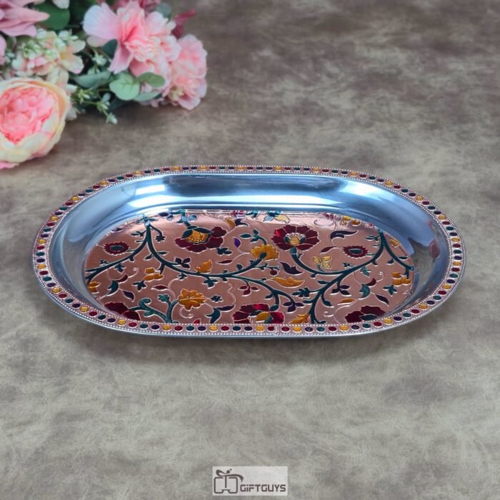 Luxury Meenakari Hand-Painted Stainless Steel Oval Serving Tray – Traditional Floral Decorative Platter for Festive Gifting & Home Decor (12X8.5 inch).