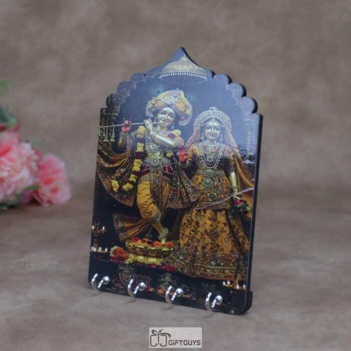 Divine Radha Krishna 5.5 x 7.5 Inch Wooden Key Holder – Handcrafted 4-Hook Wall Mounted Key Hanger for Home Decor, Office & Festive Gifting