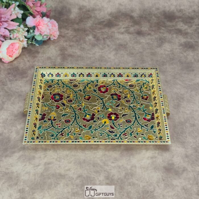 Premium 17x12 Inch Handcrafted Wooden Meenakari Serving Tray – Large Decorative Floral Platter with Handles for Corporate Gifting & Luxury Hospitality.