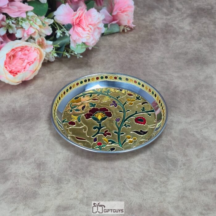 Premium 7-Inch Handcrafted Meenakari Stainless Steel Plate – Decorative Floral Serving Thali in Gold & Copper Finish for Gifting and Home Decor