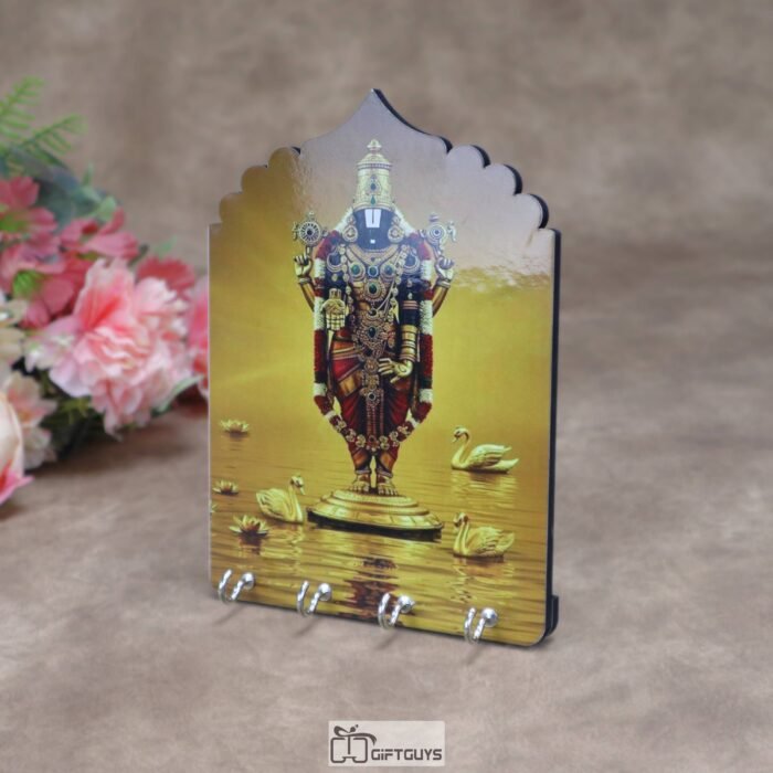 Divine Tirupati Balaji 5.5 x 7.5 Inch Wooden Key Holder – Handcrafted 4-Hook Wall Mounted Key Hanger for Home Decor, Office & Auspicious Gifting