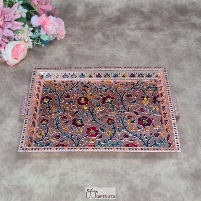 Premium 17x12 Inch Handcrafted Wooden Meenakari Serving Tray – Large Decorative Floral Platter with Handles for Corporate Gifting & Luxury Hospitality