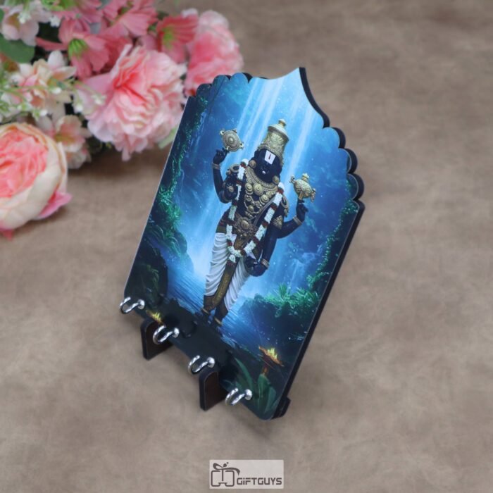 Divine Lord Venkateswara 5.5 x 7.5 Inch Wooden Key Holder – Handcrafted Tirupati Balaji 4-Hook Wall Mounted Key Hanger for Home Decor & Spiritual Gifting