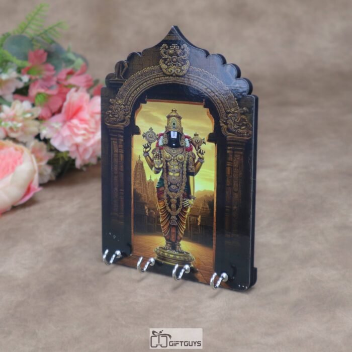 Divine Balaji 5.5 x 7.5 Inch Wooden Key Holder – Handcrafted Temple Design 4-Hook Wall Mounted Key Hanger for Home Decor, Office & Festive Gifting