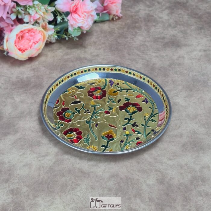 Premium 9-Inch Handcrafted Meenakari Stainless Steel Plate – Decorative Floral Serving Thali in Gold & Copper Finish for Gifting and Home Decor
