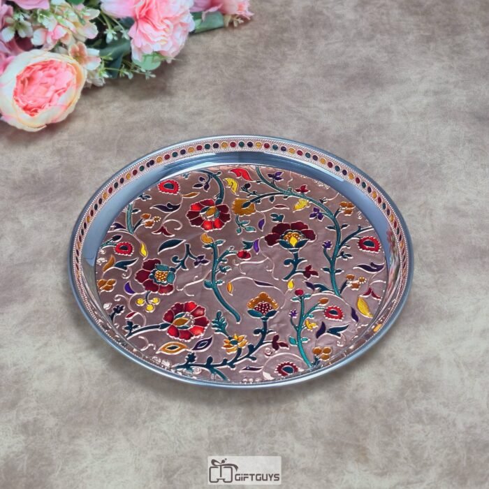 Luxury 11-Inch Handcrafted Meenakari Stainless Steel Plate – Large Decorative Floral Serving Thali in Gold & Copper Finish for Festivals & Gifting