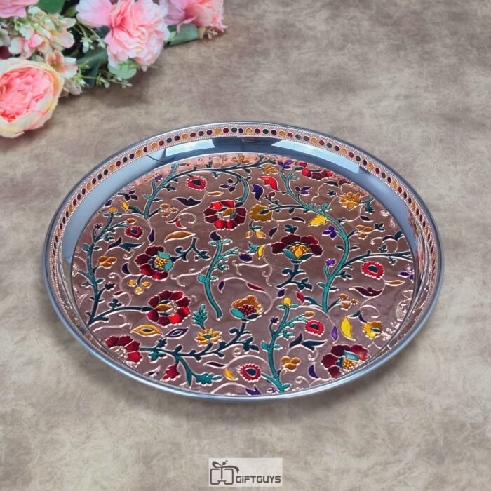Luxury 12.5-Inch Handcrafted Meenakari Stainless Steel Plate – Large Decorative Floral Serving Thali in Gold & Copper Finish for Festivals & Gifting.