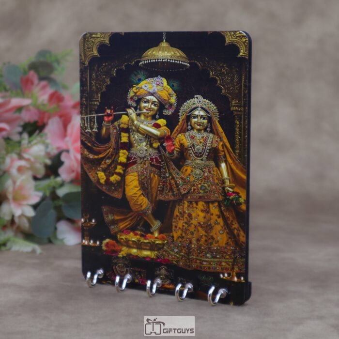 Divine Radha Krishna 5.5 x 7.5 Inch Wooden Key Holder – Handcrafted 5-Hook Wall Mounted Key Hanger for Home Decor, Office & Festive Gifting