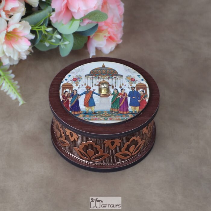 Antique 4x2 Inch Wooden Oxidized Round Gifting Box – Heritage Print Decorative Dry Fruit Platter for Wedding Favors, Engagements & Festive Hampers