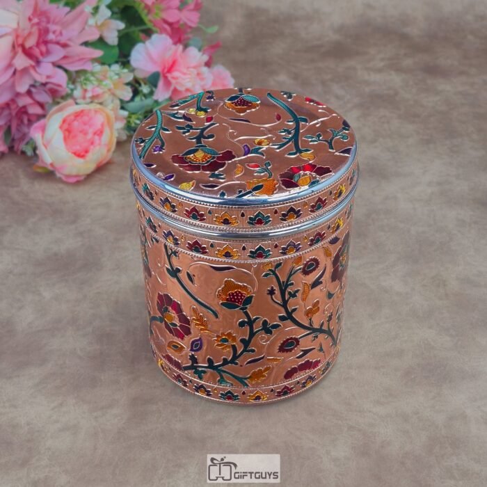 Premium 6x7.5 Inch Handcrafted Meenakari Stainless Steel Container – Decorative Rose-Gold Floral Storage Jar for Kitchen, Dry Fruits & Festive Gifting