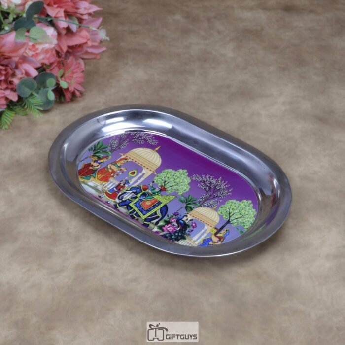 Royal Heritage Pichwai Print Stainless Steel Serving Tray – Traditional Purple Floral & Elephant Decorative Oval Platter for Festive Gifting & Home Decor