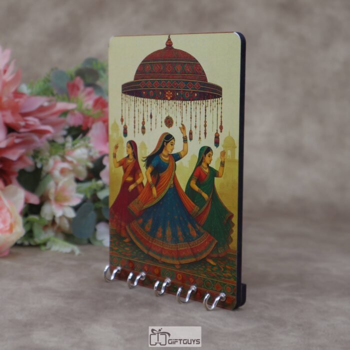 Traditional Rajasthani Ghoomar 5 x 7.5 Inch Wooden Key Holder – Handcrafted 5-Hook Wall Mounted Key Hanger for Ethnic Home Decor & Cultural Gifting