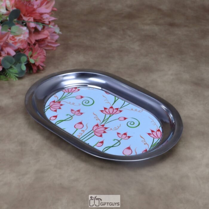 Sky Blue Pichwai Lotus Print Stainless Steel Serving Tray – Traditional Kamal Design Oval Decorative Platter for Gifting, Home Decor & Festive Use