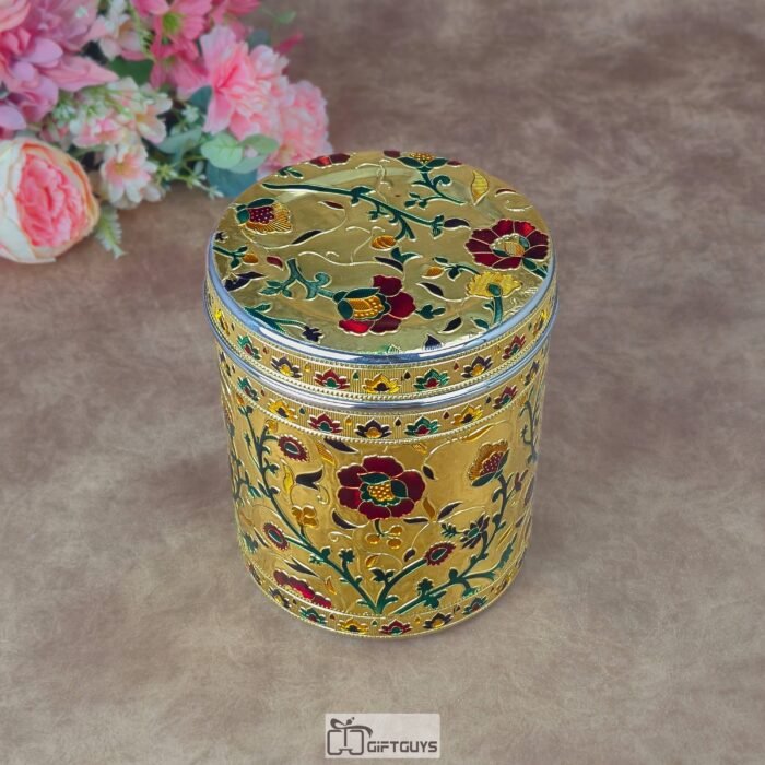 Premium 6x7.5 Inch Handcrafted Meenakari Stainless Steel Container – Decorative Golden Floral Storage Jar for Kitchen, Dry Fruits & Festive Gifting