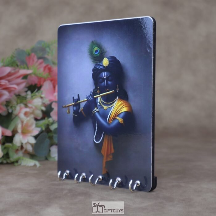 Divine Lord Krishna 3D-Effect 5.5 x 7.5 Inch Wooden Key Holder – Handcrafted 5-Hook Wall Mounted Key Hanger for Modern Home Decor & Spiritual Gifting