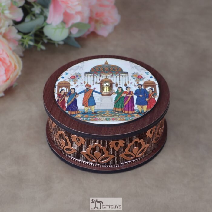 Antique 5x2 Inch Wooden Oxidized Round Gifting Box – Heritage Print Decorative Dry Fruit Platter for Wedding Favors, Engagements & Festive Hampers.