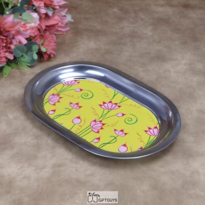 Vibrant Mustard Yellow Pichwai Lotus Print Stainless Steel Tray – Traditional Kamal Design Oval Decorative Platter for Gifting, Home Decor & Festive Serving