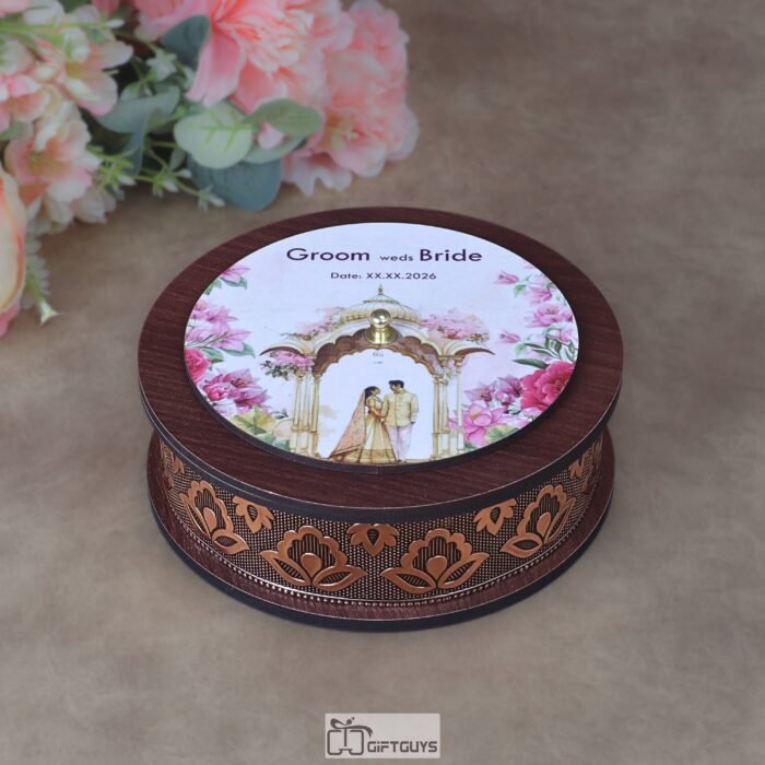 Customized 6x2.25 Inch Wooden Oxidized Wedding Favor Box – Personalized Large Round Dry Fruit Box with Rose-Copper Floral Wrap & Custom Couple Print