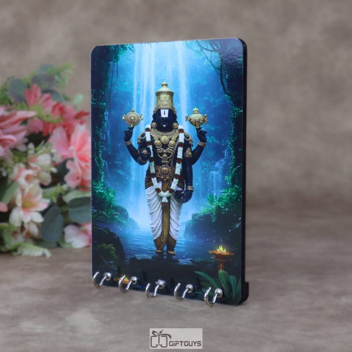 Divine Lord Venkateswara 5.5 x 7.5 Inch Wooden Key Holder – Handcrafted 5-Hook Wall Mounted Tirupati Balaji Key Hanger for Home Decor & Spiritual Gifting