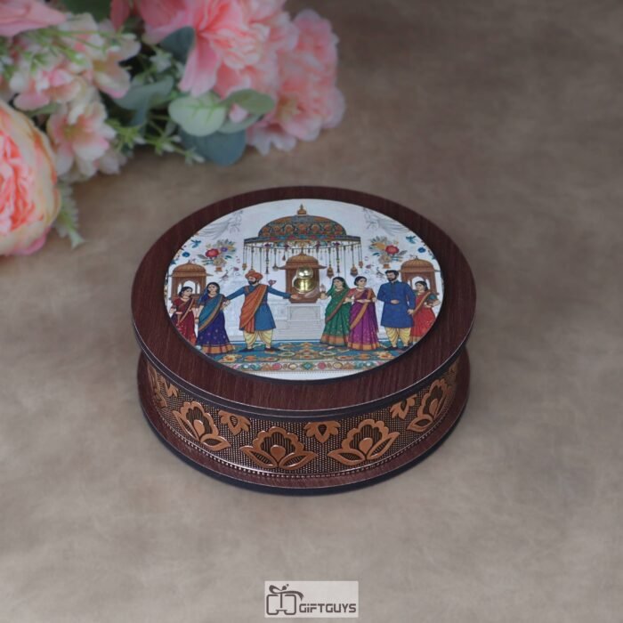 Antique 6x2.25 Inch Wooden Oxidized Round Gifting Box – Heritage Print Decorative Dry Fruit Platter for Wedding Favors, Engagements & Festive Hampers.