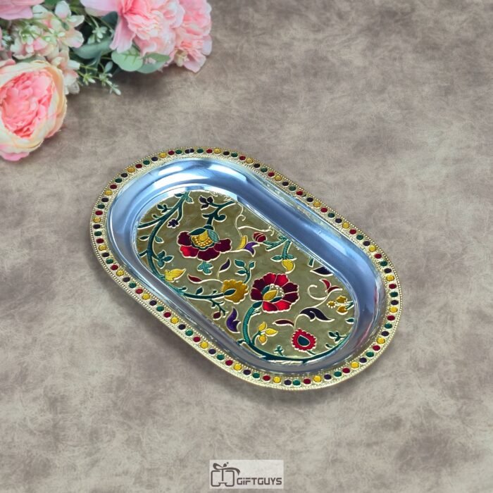 Luxury Meenakari Hand-Painted Stainless Steel Oval Serving Tray – Traditional Floral Decorative Platter for Festive Gifting & Home Decor