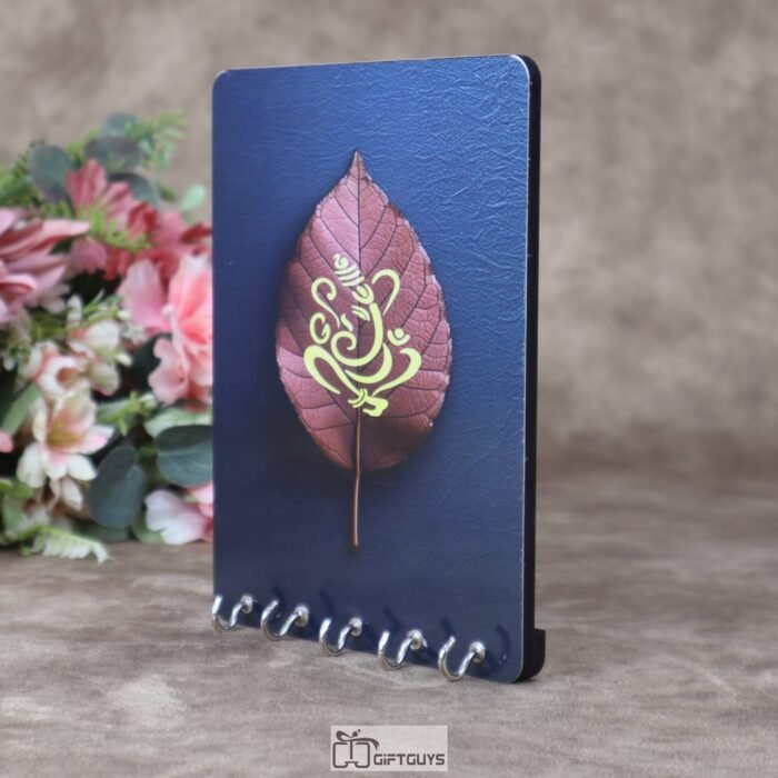 Divine Ganesha Peepal Leaf 5.5 x 7.5 Inch Wooden Key Holder – Handcrafted 5-Hook Wall Mounted Key Hanger for Navy Home Decor & Spiritual Gifting