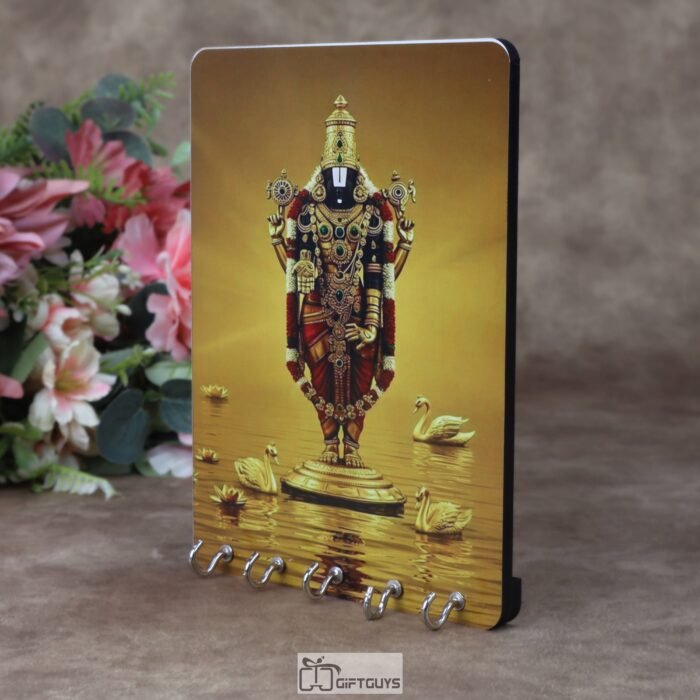 Divine Tirupati Balaji 5.5 x 7.5 Inch Wooden Key Holder – Handcrafted 5-Hook Wall Mounted Lord Venkateswara Key Hanger for Home Decor & Spiritual Gifting