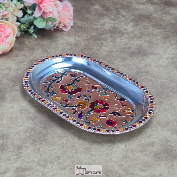 Luxury Meenakari Hand-Painted Stainless Steel Oval Serving Tray – Traditional Floral Decorative Platter for Festive Gifting & Home Decor.