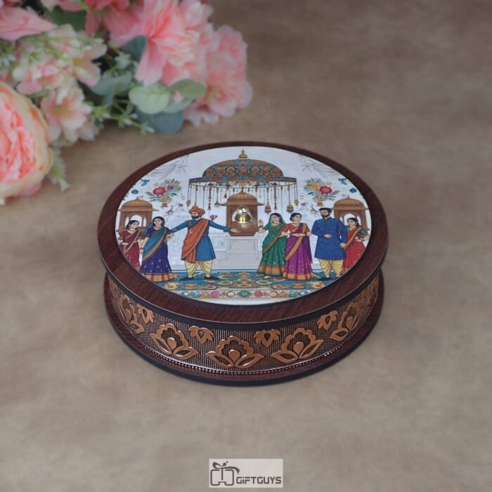 Premium 7x2.25 Inch Wooden Oxidized Round Gifting Box – Large Heritage Print Decorative Dry Fruit Platter for Weddings, Festivals & Corporate Hampers