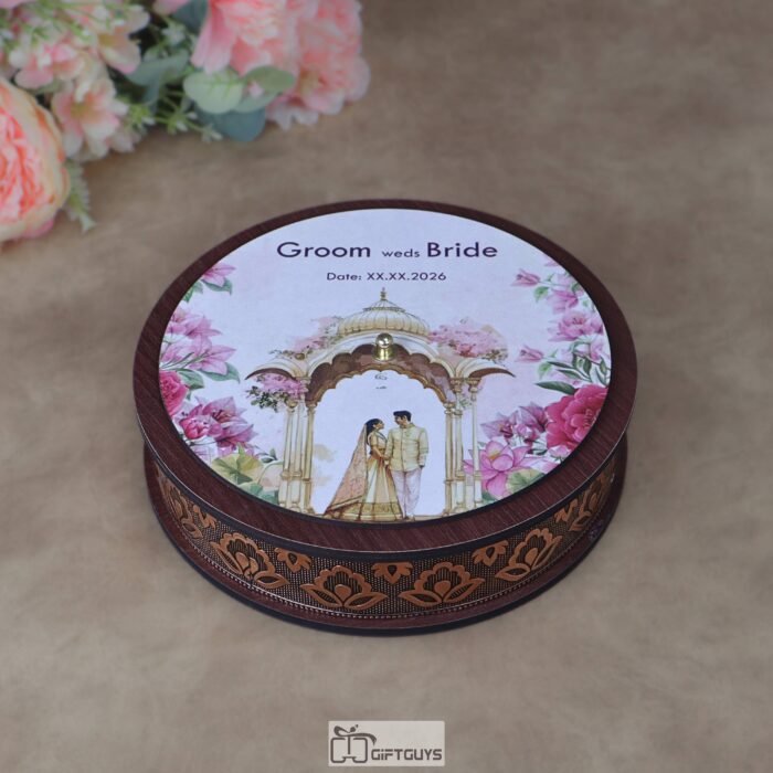 Customized 8x2.25 Inch Wooden Oxidized Wedding Favor Box – Personalized Large Round Dry Fruit Box with Rose-Copper Floral Wrap & Custom Couple Print