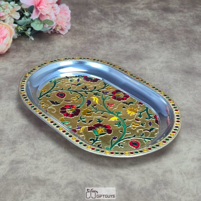 Luxury Meenakari Hand-Painted Stainless Steel Oval Serving Tray – Traditional Floral Decorative Platter for Festive Gifting & Home Decor (12X8.5 inch)
