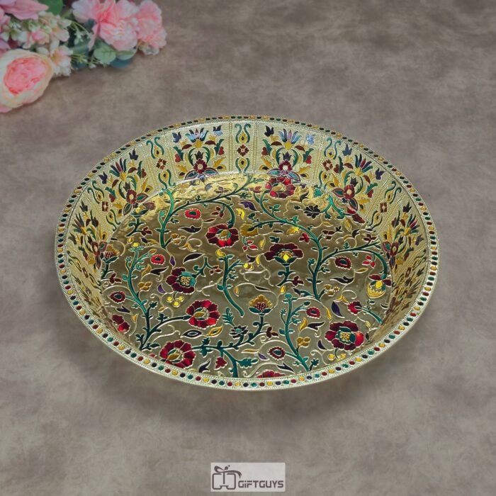 Exquisite Meenakari Hand-Painted Stainless Steel Parat – 16x2.25 Inch Large Decorative Platter for Kitchen, Weddings & Festive Gifting (800g, 2 Color Variants)
