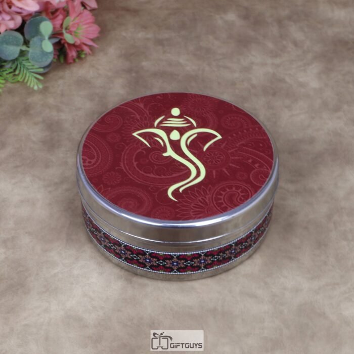 Traditional Ganesha Print Stainless Steel Round Box – 6.5x2.5 Inch Decorative Ethnic Gift Box for Sweets, Dry Fruits & Wedding Favors (320g)