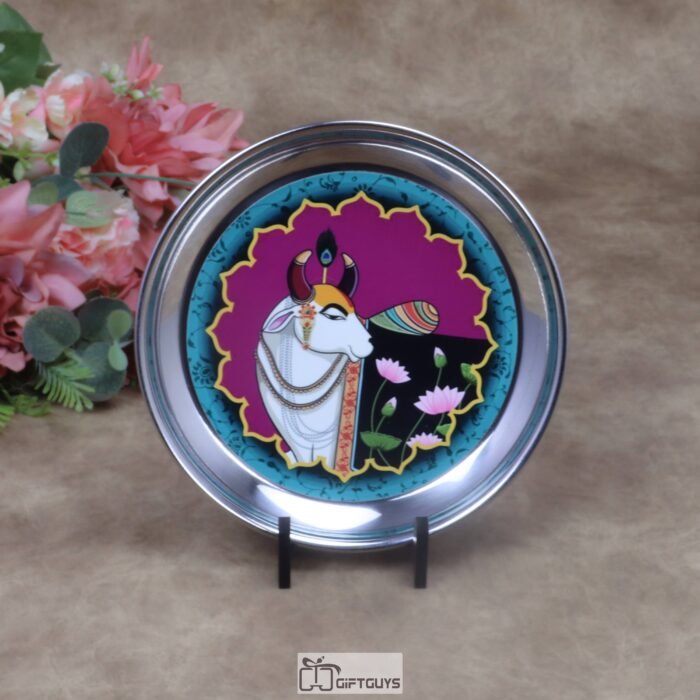 Traditional Kamdhenu Pichwai Print Stainless Steel Plate – 7x1 Inch Decorative Sacred Art Gifting Plate for Sweets & Wedding Favors (130g)