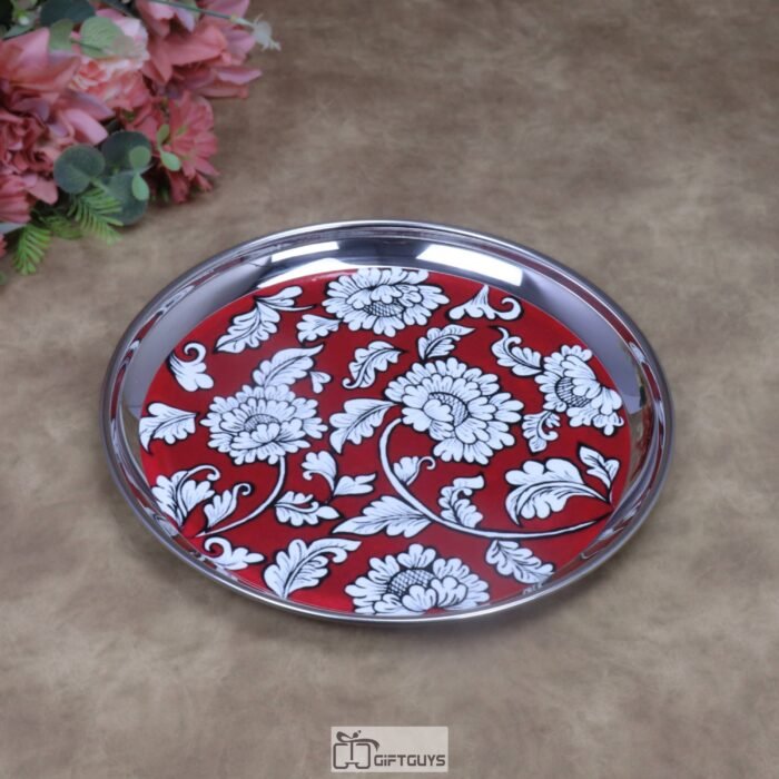 Elegant Crimson Floral Print Stainless Steel Plate – 9x1 Inch Decorative Multi-Purpose Gifting Plate for Sweets, Festive Hampers & Wedding Favors (210g)