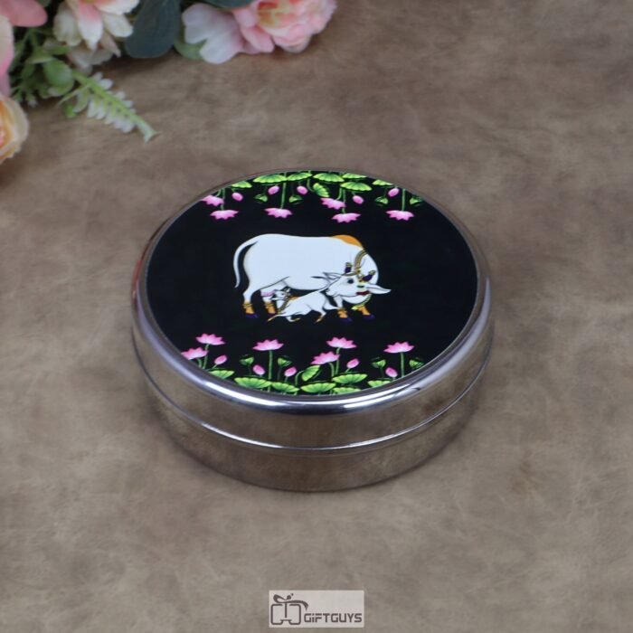 Traditional Kamdhenu Pichwai Print Stainless Steel Round Box – 5x1.75 Inch Decorative Sacred Art Gift Box for Sweets, Dry Fruits & Wedding Favors (170g)