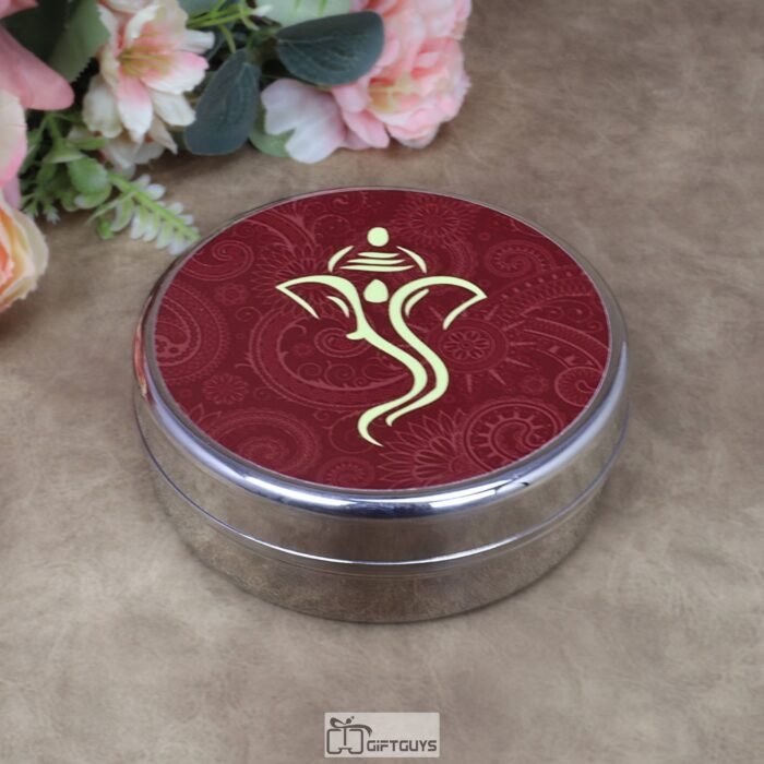 Traditional Ganesha Print Stainless Steel Round Box – 5x1.75 Inch Decorative Ethnic Gift Box for Sweets, Dry Fruits & Wedding Favors (170g)