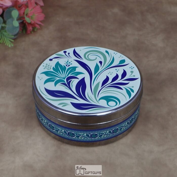 Modern Floral Print Stainless Steel Round Box – 6.5x2.5 Inch Decorative Botanical Gift Box for Sweets, Chocolates & Wedding Favors (320g)