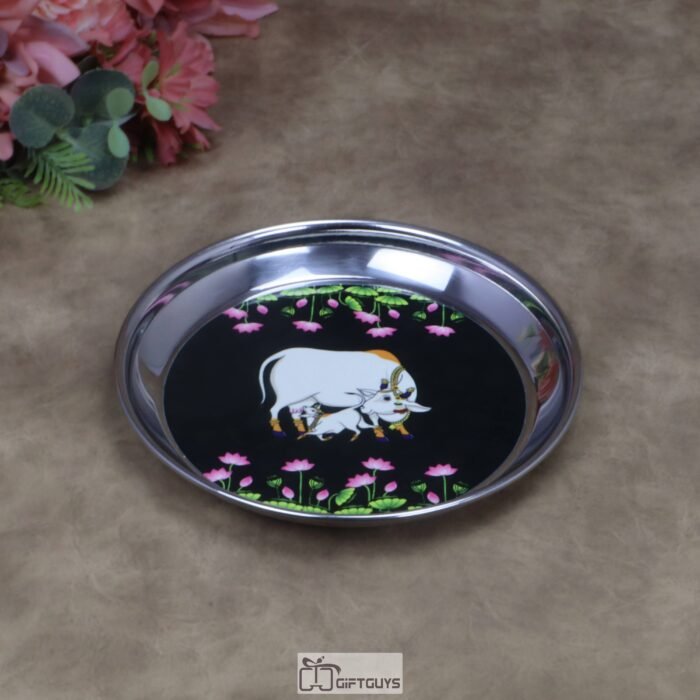 Traditional Kamdhenu Pichwai Print Stainless Steel Plate – 7x1 Inch Decorative Sacred Art Gifting Plate for Sweets & Wedding Favors (130g)