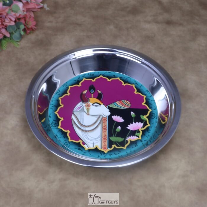 Traditional Kamdhenu Pichwai Print Stainless Steel Parat – 16x2.25 Inch Large Decorative Sacred Art Gifting Vessel for Kitchen & Wedding Favors (800g)