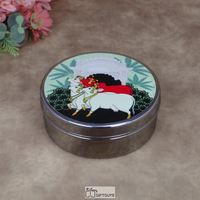 Traditional Kamdhenu Pichwai Print Stainless Steel Round Box – 6.5x2.5 Inch Decorative Sacred Art Gift Box for Sweets, Dry Fruits & Wedding Favors (320g)