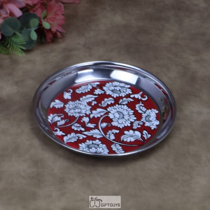 Elegant Crimson Floral Print Stainless Steel Plate – 7x1 Inch Decorative Multi-Purpose Gifting Plate for Sweets, Festive Hampers & Wedding Favors (130g)