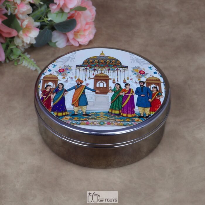 Traditional Indian Wedding Scene Print Stainless Steel Round Box – 6.5x2.5 Inch Decorative Festive Gift Box for Sweets, Dry Fruits & Wedding Favors (320g)